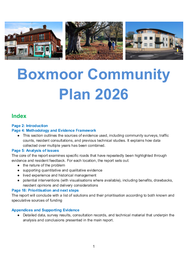 PDF containing details on the Boxmoor Community Plan. For more details email boxmoorcouncillors@gmail.com